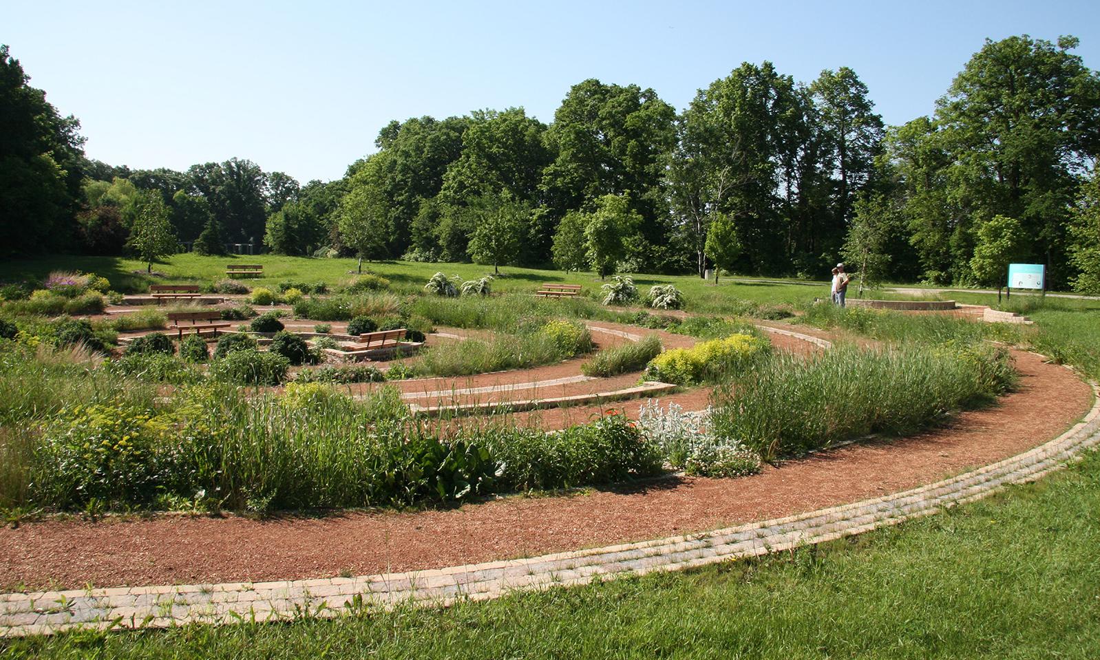 Carol Shields Memorial Labyrinth. A long view of the labyrinth showing the alternating circular bands of greenery and pathway. 