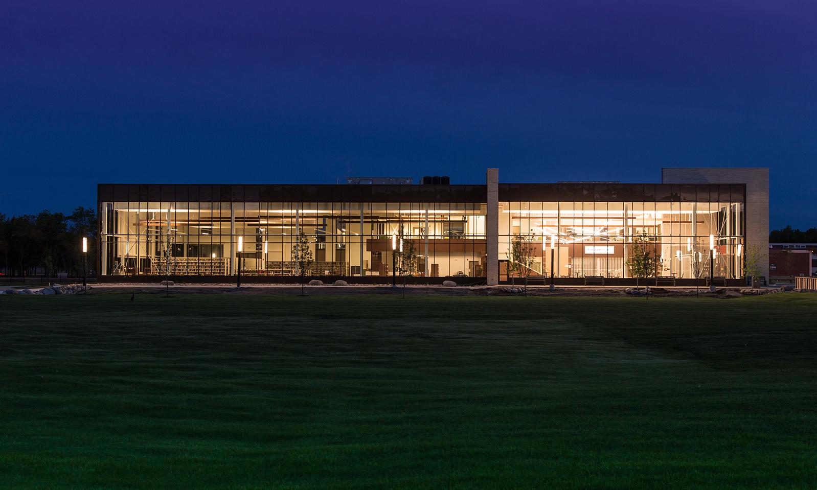Canadian Mennonite University, Marpeck Commons. North side of the library at night. 