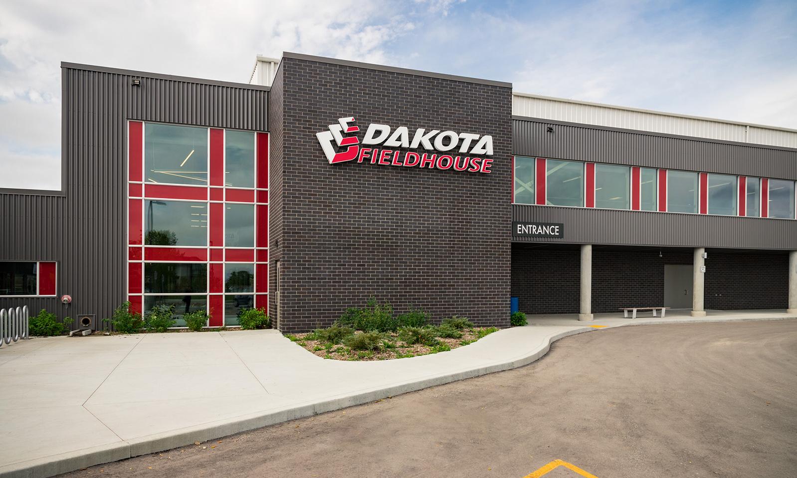 Dakota Fieldhouse. Close up, from the front sidewalk showing the front of the building.