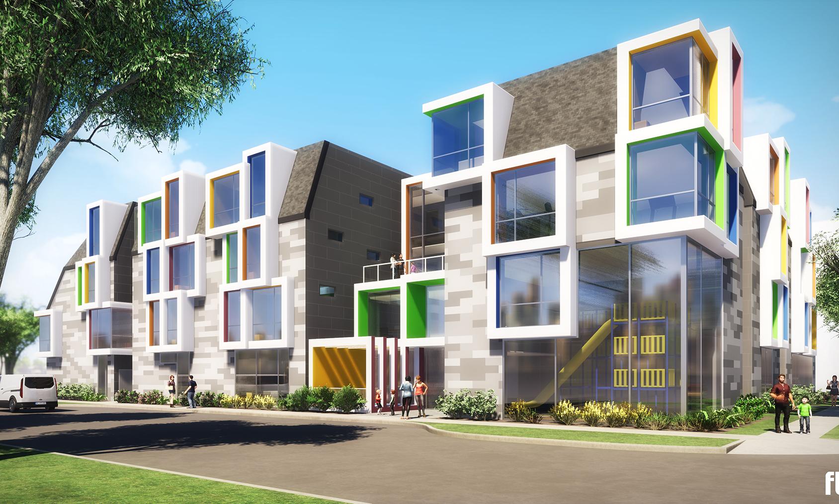 Ronald McDonald House. Rendering of the new three-storey building with floor-to-ceiling colourful windows as a focal point.