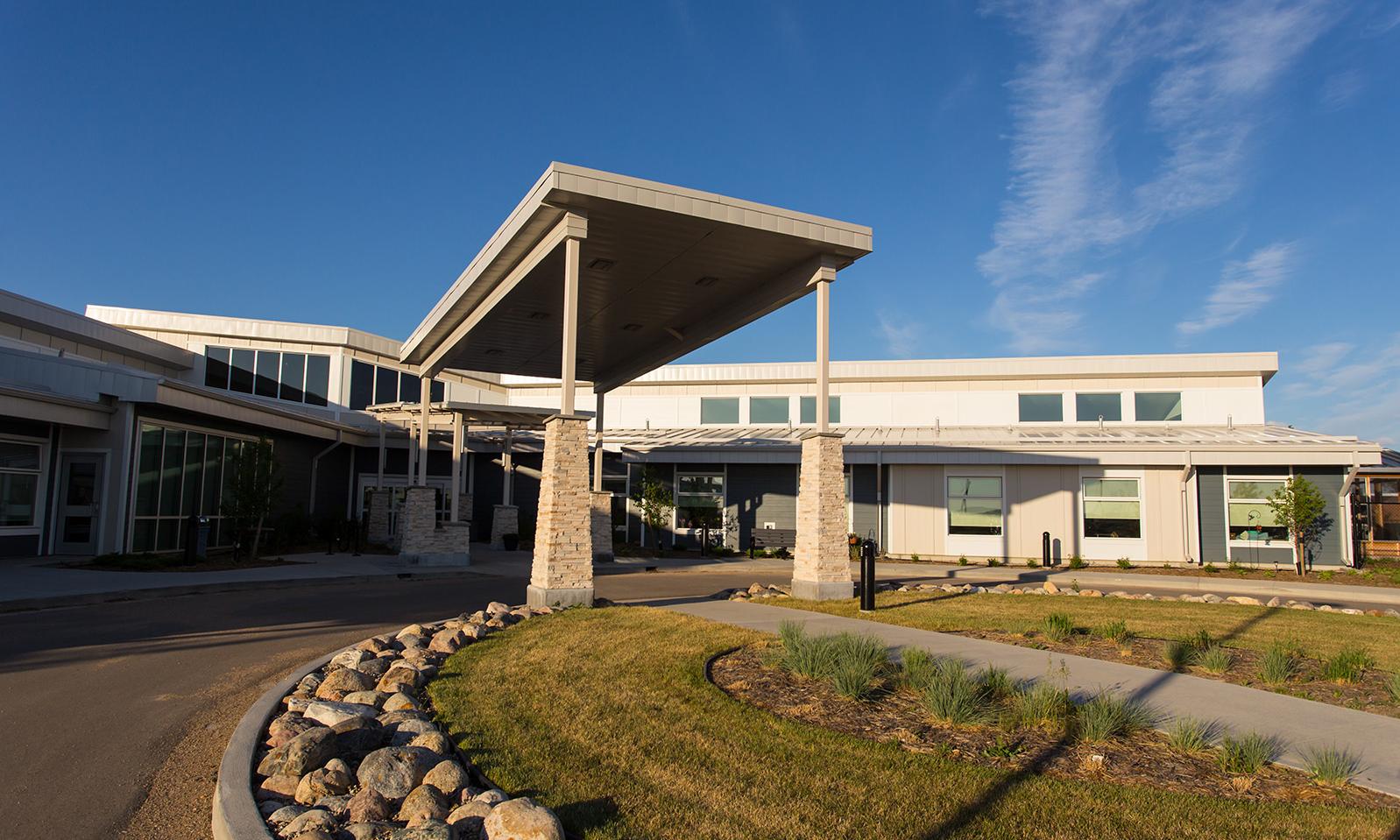 Rosetown Integrated Health Centre. Front of the facility from the circular driveway.