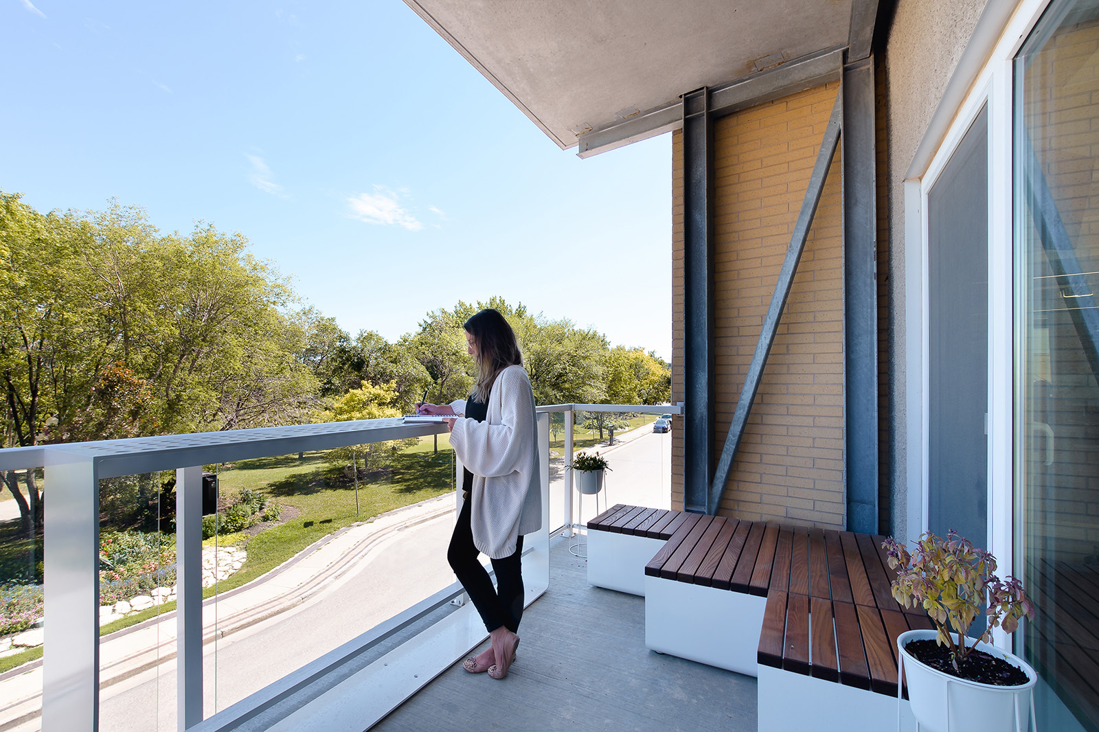 ft3. The second floor balcony at the ft3 office on Waterfront Drive on a sunny, summer day. 