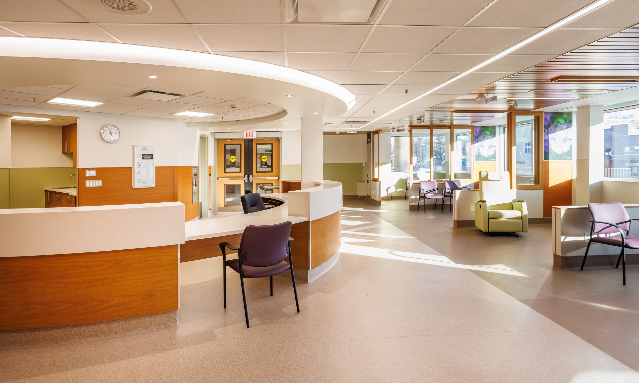 Brightly lit clinic with reception desk