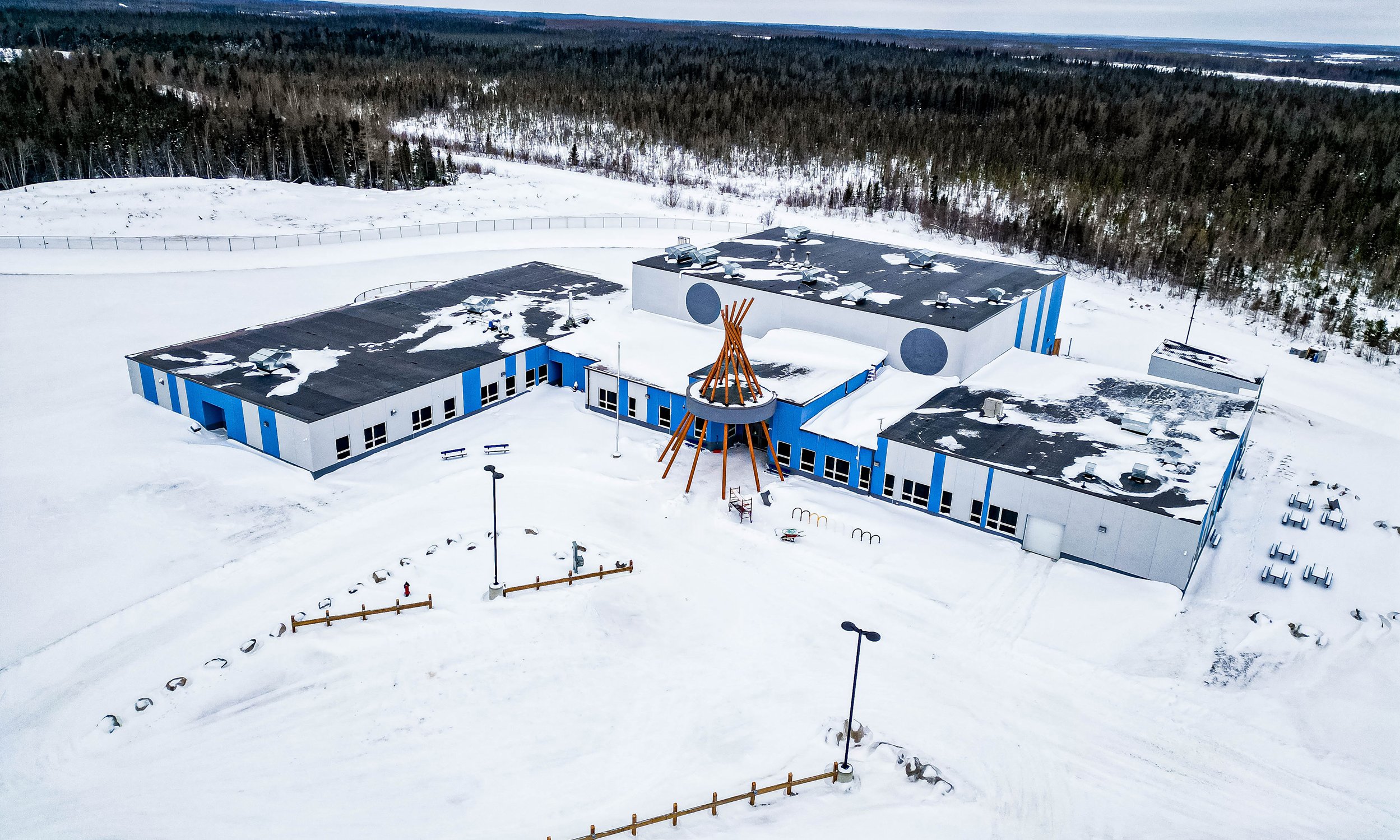 Aerial of school with teepee entrance feature