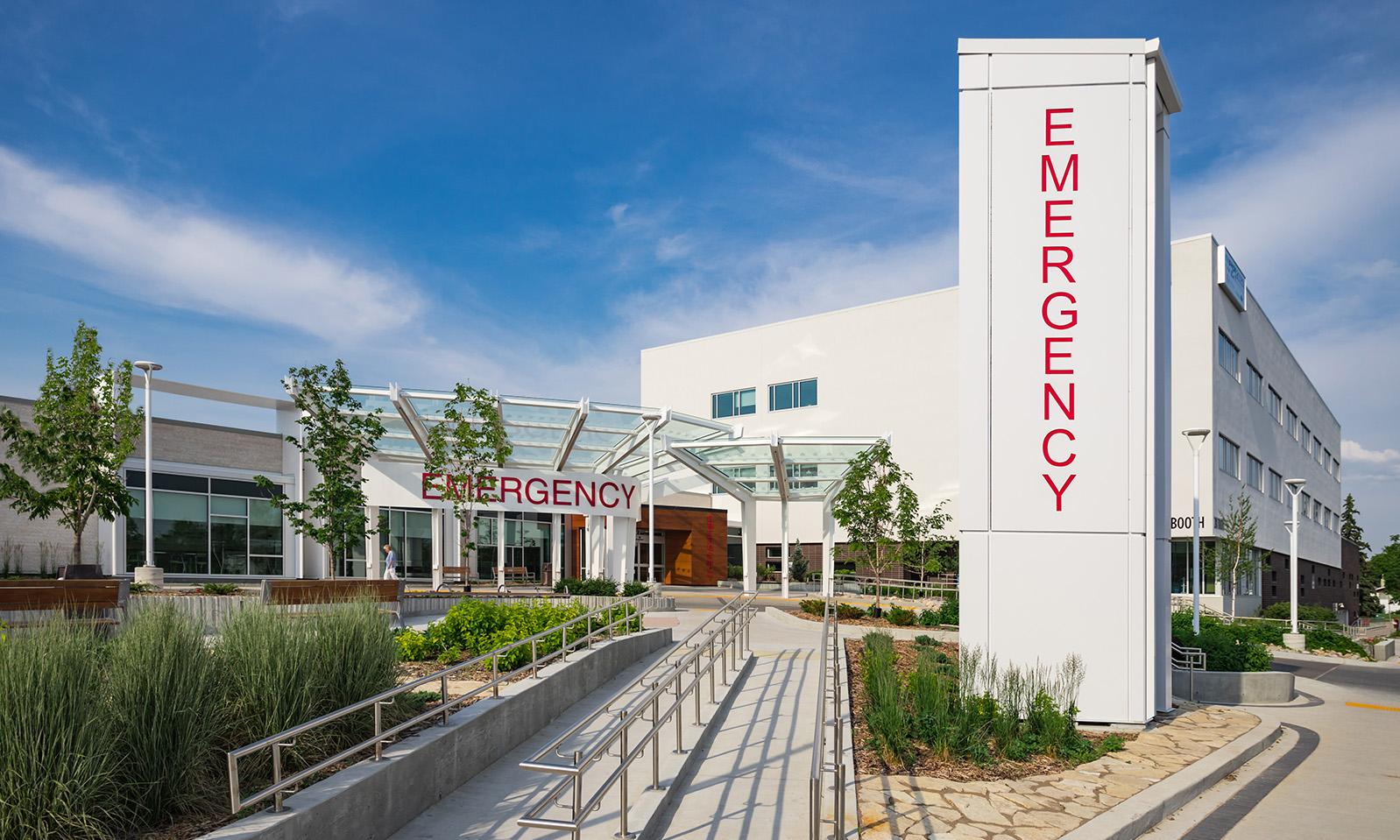 Grace Hospital. The new Emergency Department as seen from the base of the sidewalk ramp leading up to the entrance.